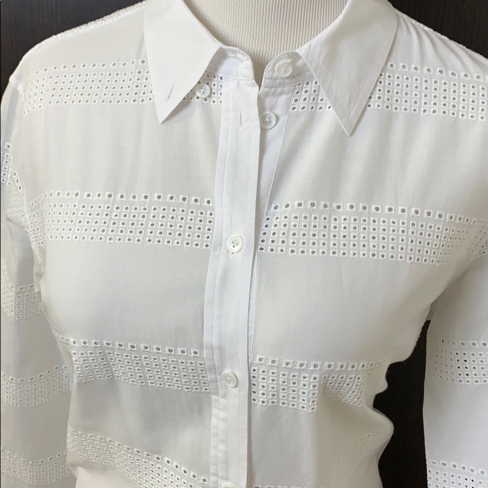 Equipment White Striped Eyelet Shirt Size M